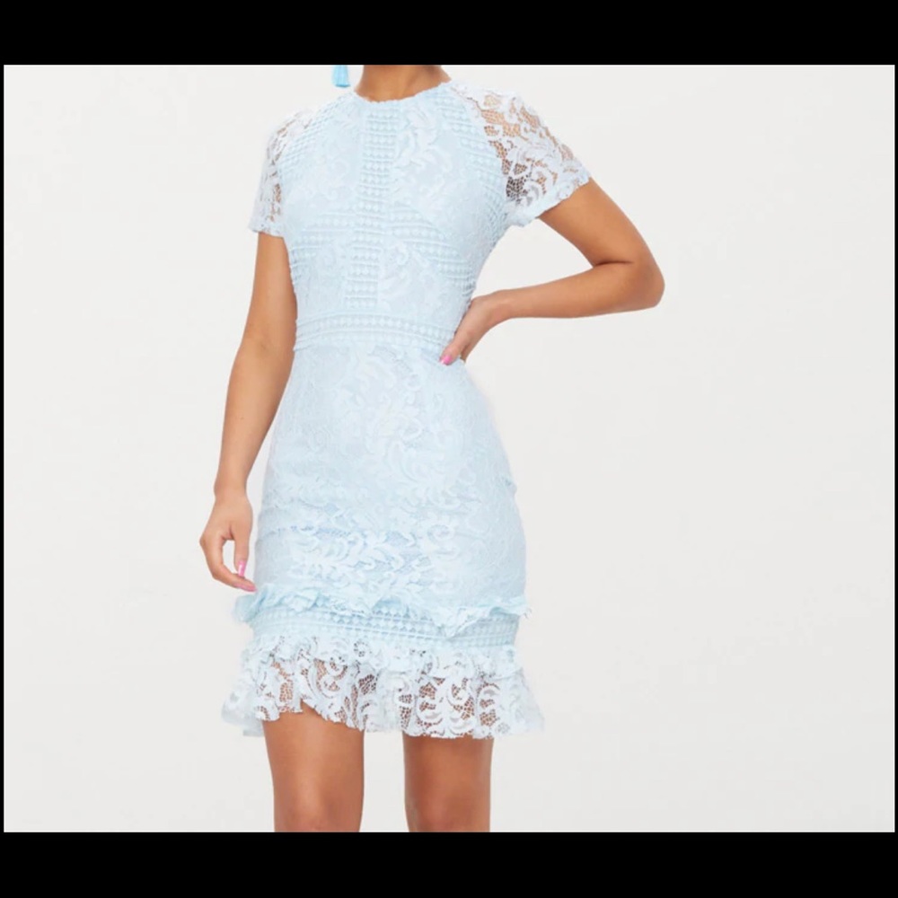 Prettyy little thing dusty blue frill lace bodycon dress.